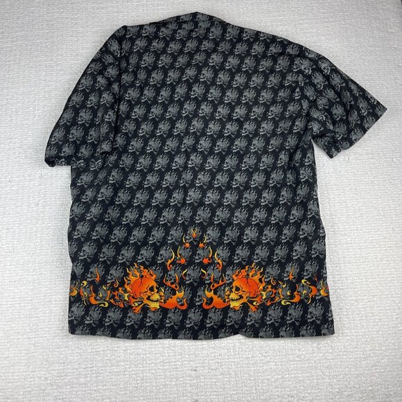 Vtg Request Shirt Mens 2XL Black Button Up Goth Skulls Flames Skate Y2K AOP - Picture 12 of 16